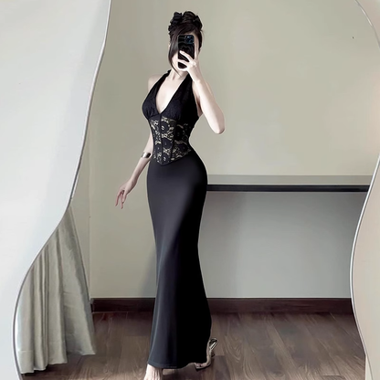 Women New Fashion Black Gauze Satin Halter Dress TP2870