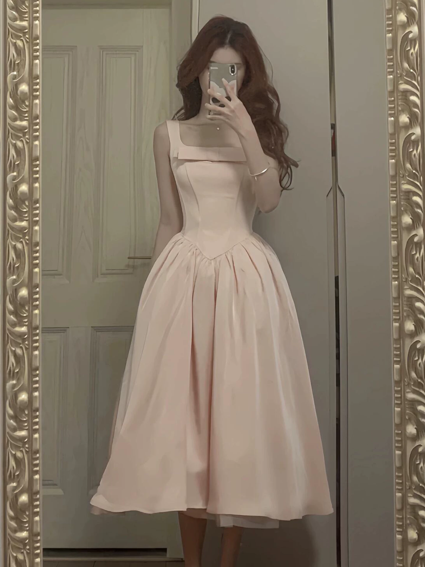 Vintage Pink Square Neck Bow Princess A-Line Midi Evening Gown TP6082