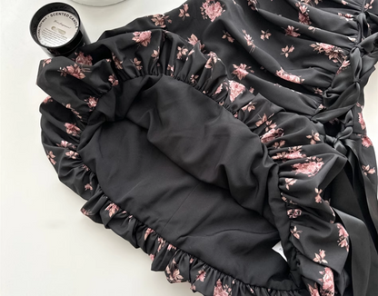 New Fashion Floral Satin Side Waist Lacing Design A-line Sleeveless Spaghetti Strap Dress TP3286