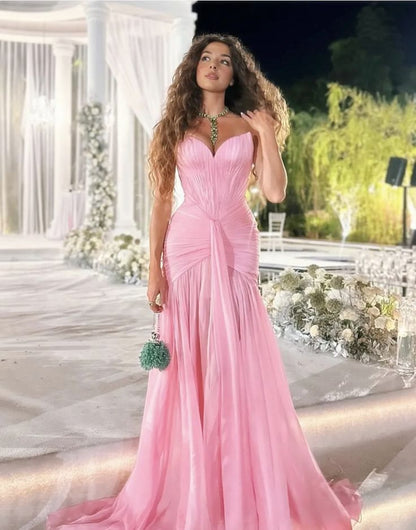 Vintage Pink Sweetheart Evening Dress Sheath Strapless Slit Chiffon Long Prom Dress TP5056