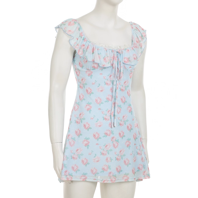 Cute Light Blue Floral Square-neck A-Line Short Summer Dresses Party Dress Homecoming Dress TP4341