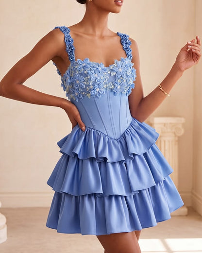 Cute 3D Floral Beaded Straps Tiered Ruffle Satin A-Line Cocktail Party Homecoming Dress TP5937