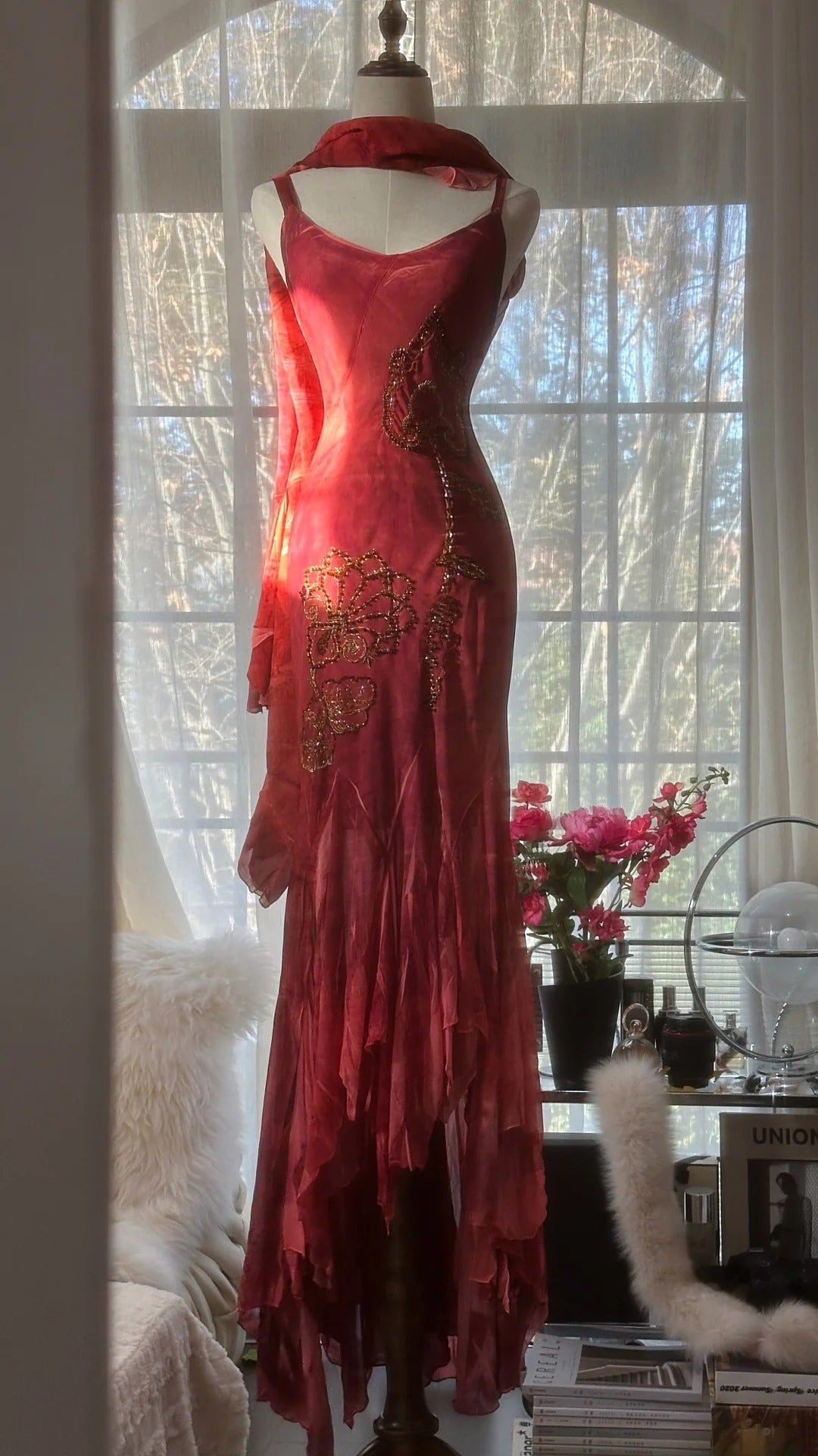 Vintage Red Embroidery Prom Dress Beaded Mermaid Evening Dress Long Formal Dress TP4653