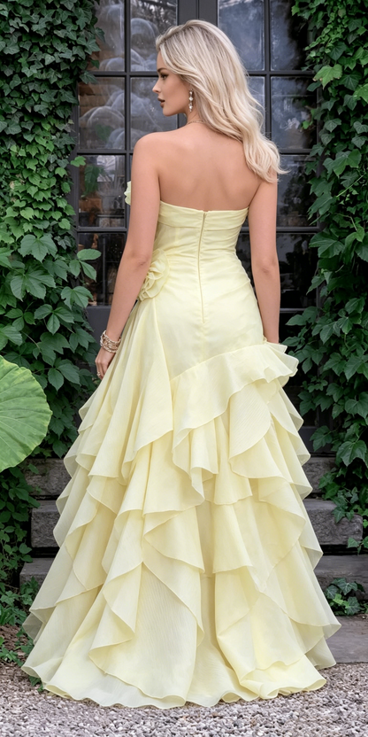 Vintage Pale Yellow Strapless Chiffon 3D Floral Ruffled High Slit A-Line Evening Gown TP5895