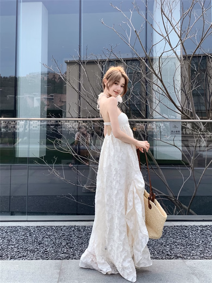 New Fashion Beige Design Beach Holiday A-line Halter Dress TP3310