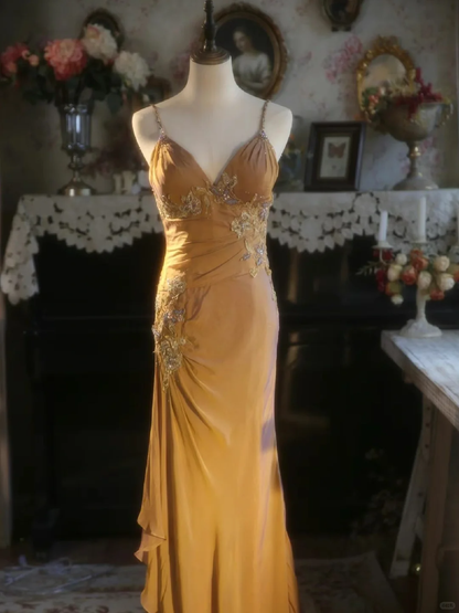 Vintage Saffron Yellow Spaghetti Strap Sequin Floral Applique Mermaid Evening Gown TP5530