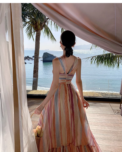 New Rainbow Stripe Design Beach Holiday Casual Halter Dress TP3012