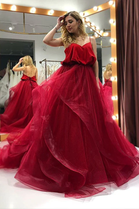 Gorgeous Burgundy Tulle Spaghetti Strap V-Neck A-Line Quinceanera Ball Gown TP5844