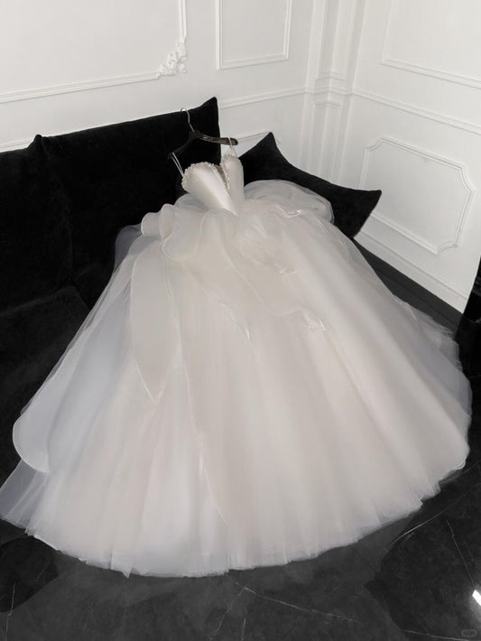 Glamorous A-Line Sweetheart Tulle Wedding Dress Beaded Layered Ruffles Bridal Gown TP5094