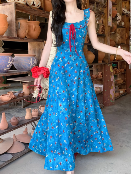 New Fashion Blue Floral Design A-line Square Collar Beach Holiday Sleeveless Dress TP3322
