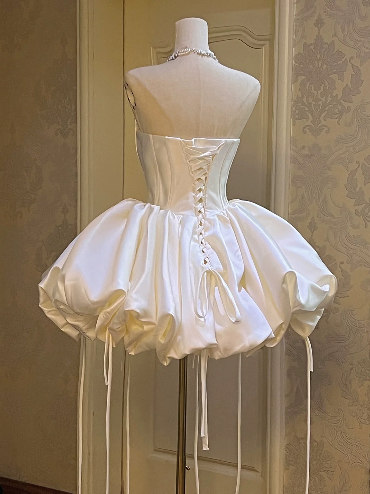 Vintage White Satin Strapless Bubble Puff A-Line Homecoming Dress TP6137