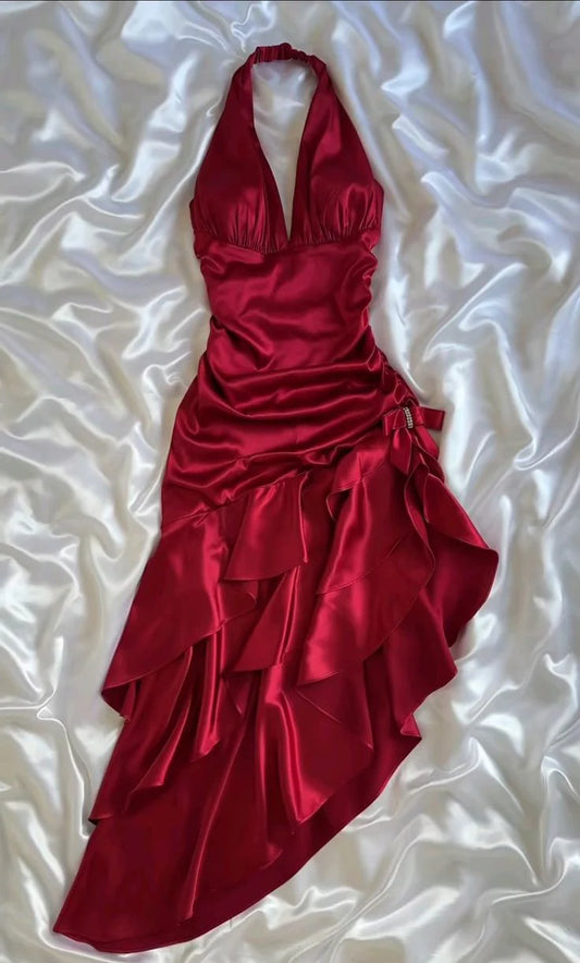 Vintage Hot Red Satin Prom Dress V-neck Ruffles Halter Dress Evening Dress A-Line Formal Dress TP4599