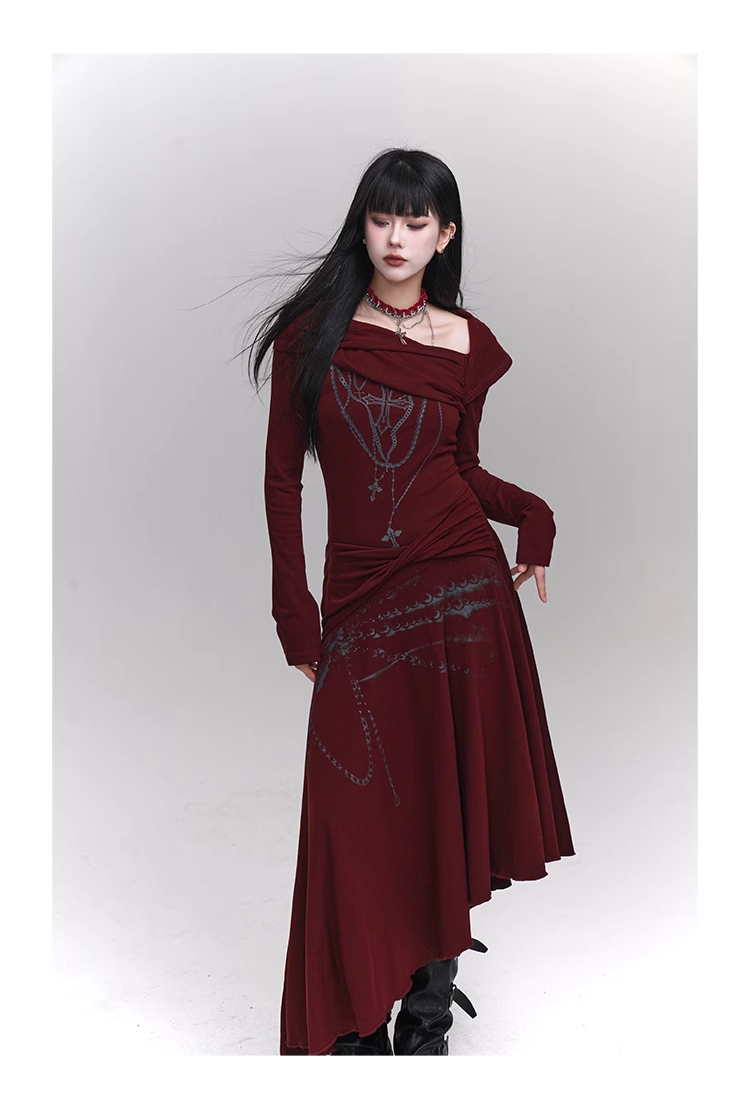 New Fashion Irregular Hemline Design Red Long-sleeved Dress TP2941