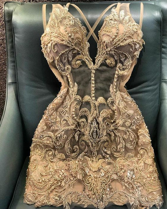 Enchanting Champagne Embroidery Beaded Homecoming Dress Sheath Party Dress Short Cocktail Dress TP4644