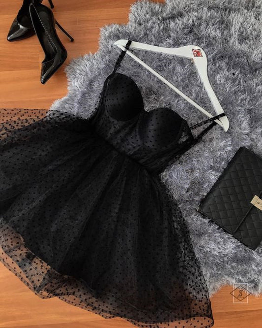 Vintage Black Polka Dot Homecoming Dress Sweetheart Party Dress Short A-Line Cocktail Dress TP4643
