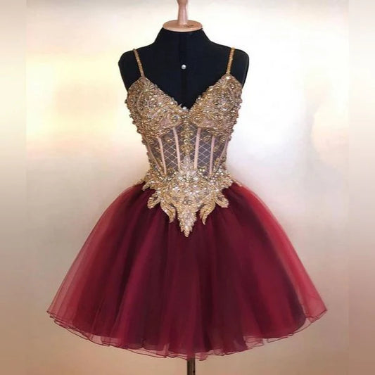 Vintage Shiny Beaded Homecoming Dress V-neck Party Dress Short A-Line Cocktail Dress TP4642