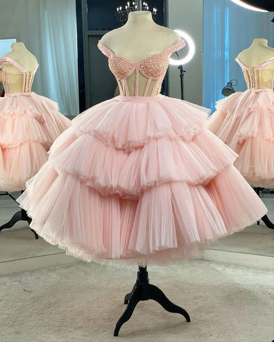 Vintage Shiny Pink A-Line Homecoming Dress Off-the-shoulder Party Dress Tulle Cocktail Dress TP4638