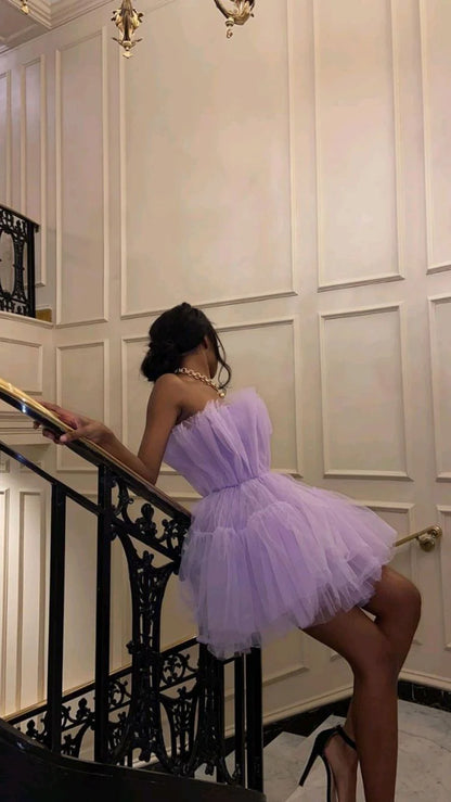 Vintage Lilac A-Line Homecoming Dress Strapless Party Dress Tulle Cocktail Dress TP4656