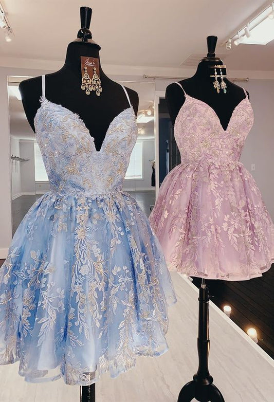 Vintage Lace Applique Floral Homecoming Dress Spaghetti Strap Party Dress Short A-Line Cocktail Dress TP4646