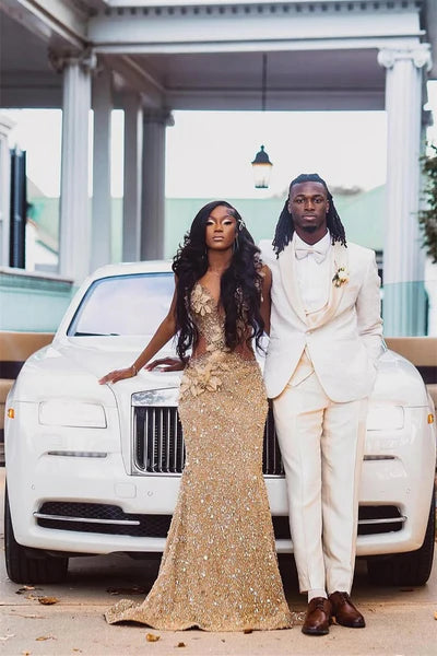 Elegant Champagne Beaded Applique Mermaid V-Neck High Slit Evening Gown Prom Dress TP5228