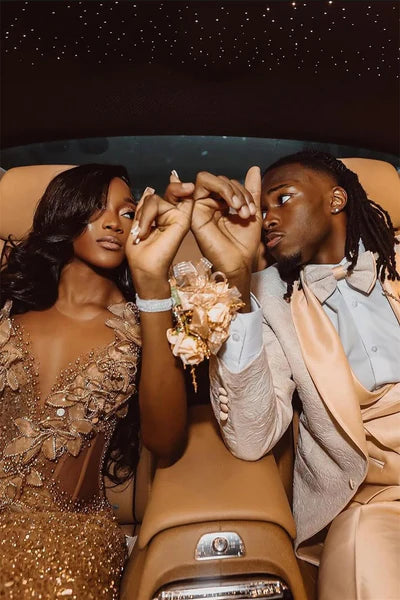 Elegant Champagne Beaded Applique Mermaid V-Neck High Slit Evening Gown Prom Dress TP5228