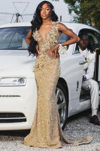 Elegant Champagne Beaded Applique Mermaid V-Neck High Slit Evening Gown Prom Dress TP5228