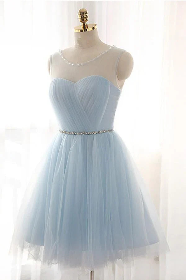 Charming Light Blue Tulle Satin Design Prom Dress A-line Homecoming Dress TP3591