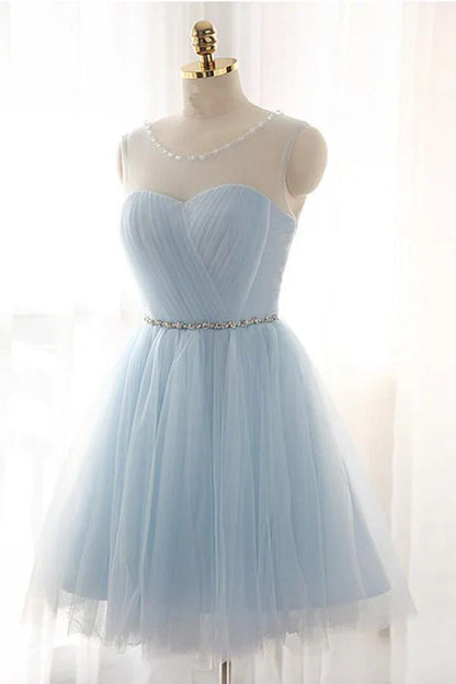 Charming Light Blue Tulle Satin Design Prom Dress A-line Homecoming Dress TP3591