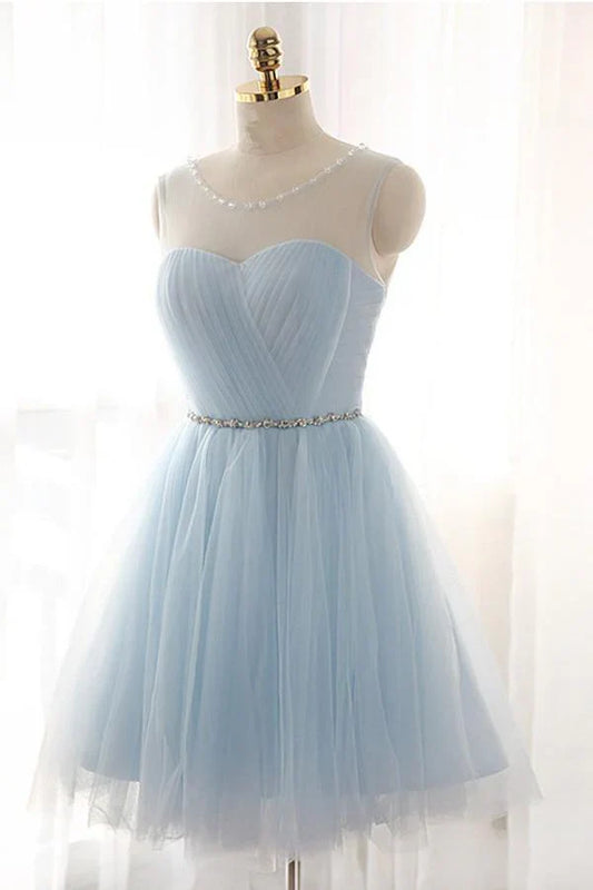 Charming Light Blue Tulle Satin Design Prom Dress A-line Homecoming Dress TP3591