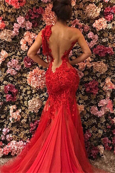 Vintage Red One-shoulder Mermaid Prom Dress Lace Evening Gown Party Dress Long Formal Dress TP4858