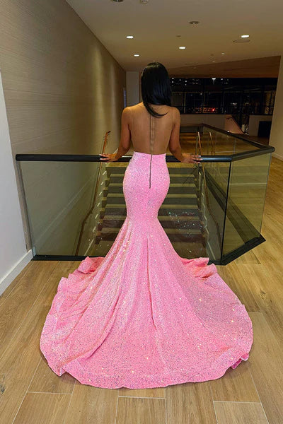 Vintage Pink Mermaid Prom Dress Sparkling Beaded Evening Gown Party Dress Long Formal Dress TP4857