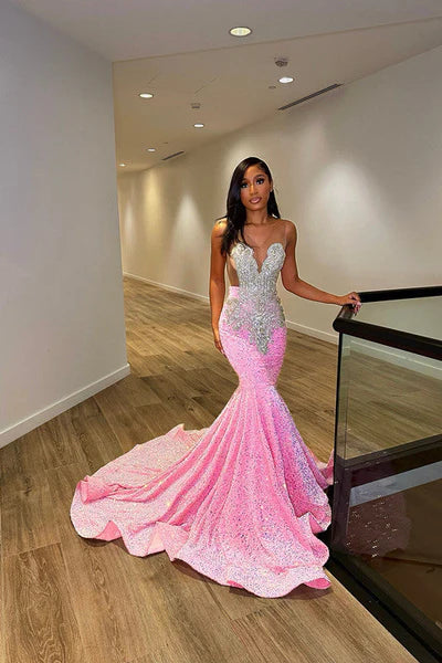 Vintage Pink Mermaid Prom Dress Sparkling Beaded Evening Gown Party Dress Long Formal Dress TP4857