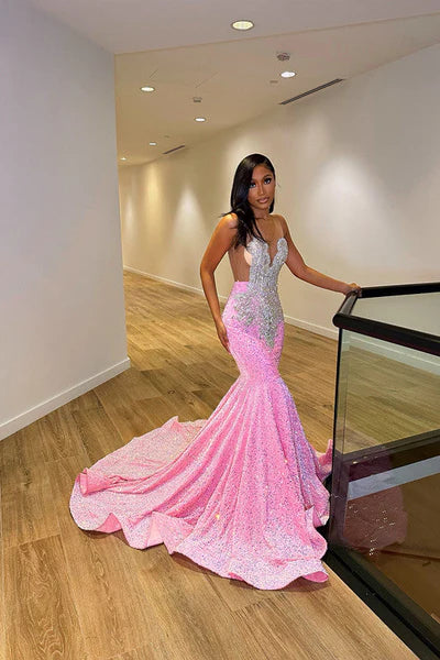 Vintage Pink Mermaid Prom Dress Sparkling Beaded Evening Gown Party Dress Long Formal Dress TP4857