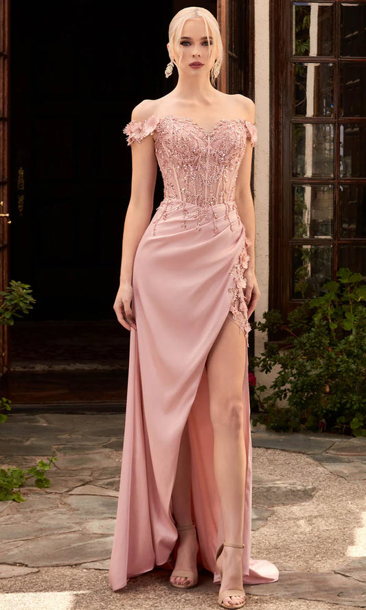 Vintage Beaded Sheath Prom Dress Off-the-shoulder Evening Dress High Slit Long Formal Dress TP4618