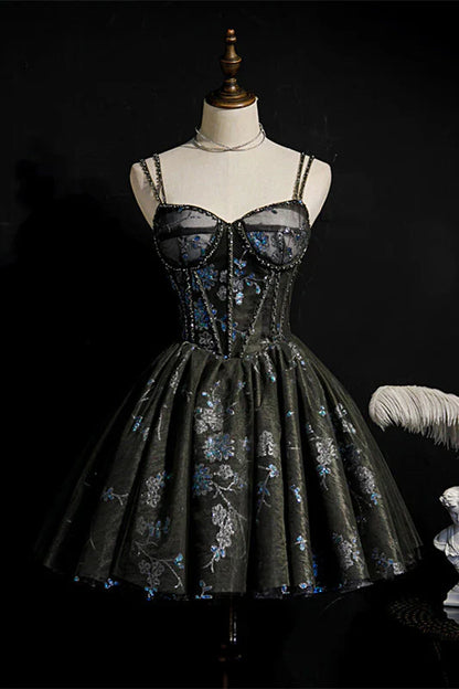 Fashion Sequined Floral Design A-line Sweetheart Tulle Short Spaghetti Strap Homecoming Dress TP3576