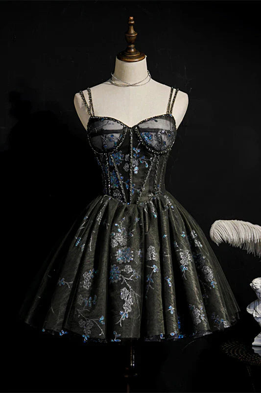 Fashion Sequined Floral Design A-line Sweetheart Tulle Short Spaghetti Strap Homecoming Dress TP3576