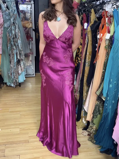 Vintage Hot Pink Satin Embroidery Prom Dress Sheath Backless Evening Dress Long Formal Dress TP4686