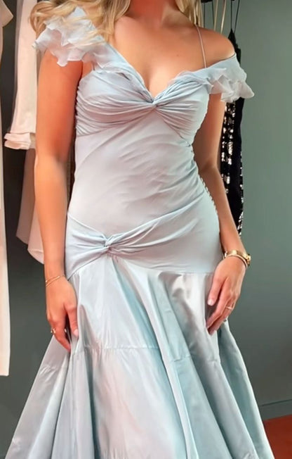 Elegant Light Blue Off-the-Shoulder Ruffled Prom Dress Evening Gown TP5730