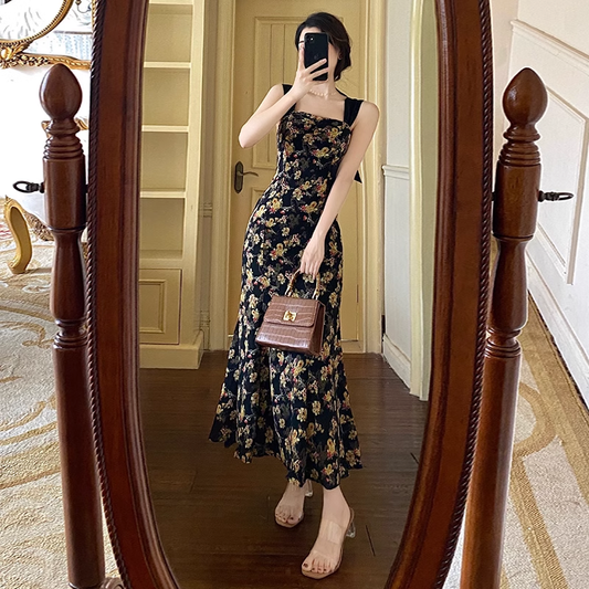 New Elegant Floral Design Slim Spaghetti Strap Dress TP2993