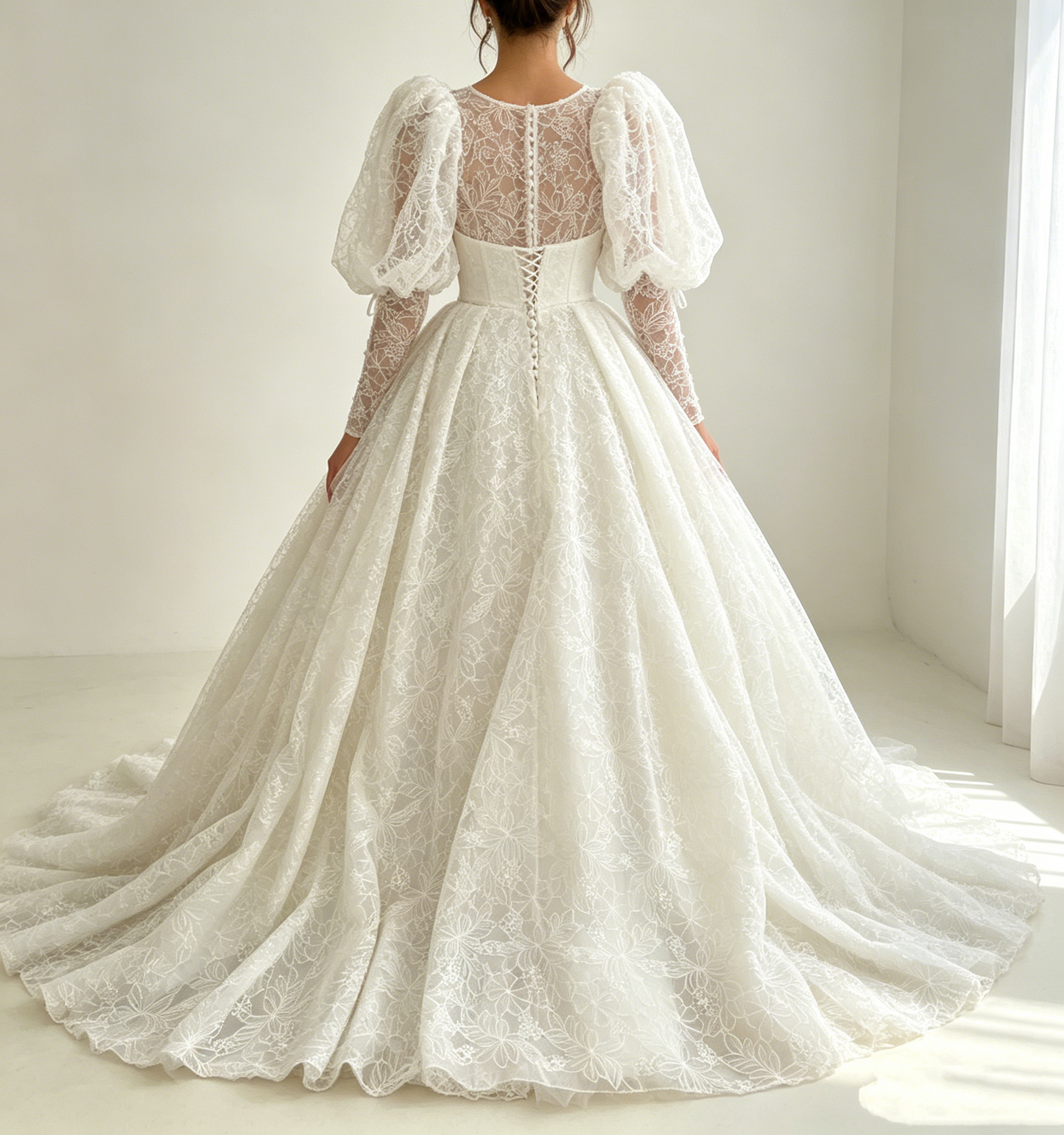 Vintage Ivory High Neck Wedding Dress Puff Long Sleeve Floral Lace A-Line Wedding TP5912