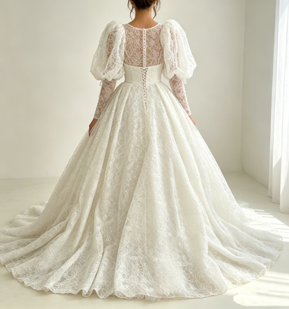 Vintage Ivory High Neck Wedding Dress Puff Long Sleeve Floral Lace A-Line Wedding TP5912