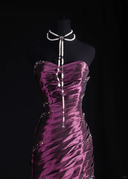 Elegant Purple Satin Strapless Beaded Mermaid Sweetheart Ruffle Evening Gown TP5412