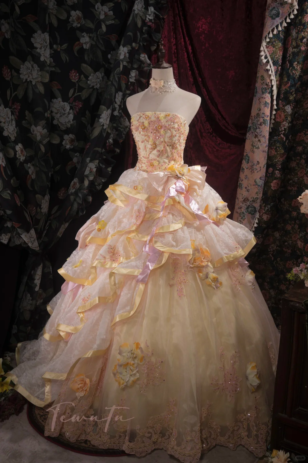 Vintage-Inspired Cream & Pink Tiered Strapless Beaded Floral Appliqués Ball Gown TP5796