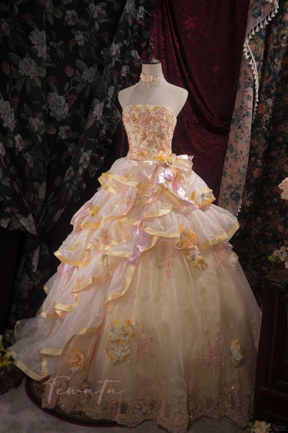 Vintage-Inspired Cream & Pink Tiered Strapless Beaded Floral Appliqués Ball Gown TP5796