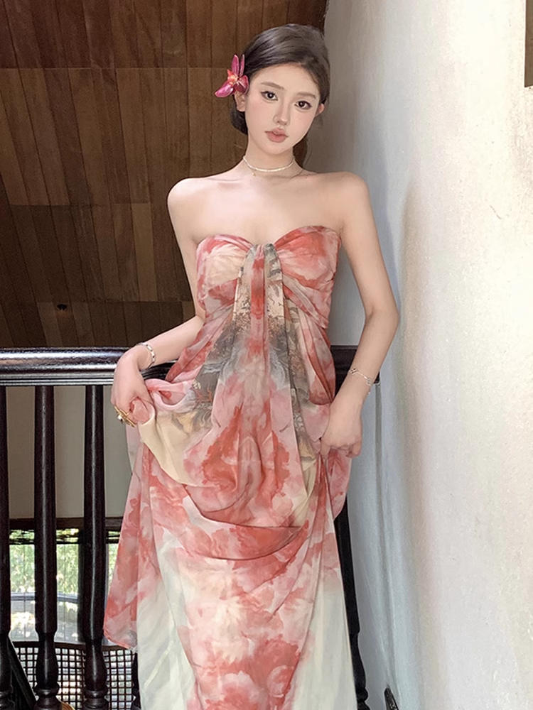 New Simple Fashion Floral Design A-Line Beach Holiday Strapless Dress TP3032