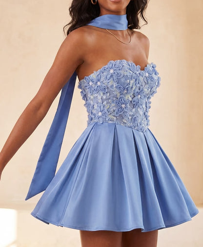 Cute 3D Floral Applique Strapless Short A-Line Satin Ribbon Homecoming Dress TP5936