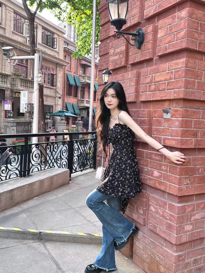 New Fashion Floral Design A-line Black High-waist Sleeveless Spaghetti Strap Dress TP3258