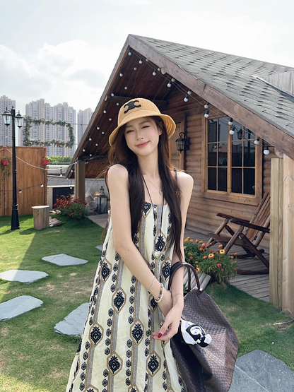 New Fashion Floral Loose-fitting Design Beach Holiday A-line Spaghetti Strap Dress TP3374