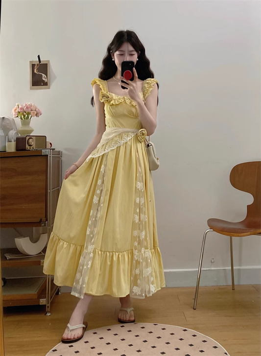 New Simple Fashion Yellow Floral Design A-Line Long Dress TP3043
