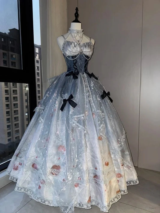 Beautiful Light Blue Lace Tulle  Spaghetti Strap Sweet 16 Quinceanera A-Line Evening Dress Ball Gown TP4290